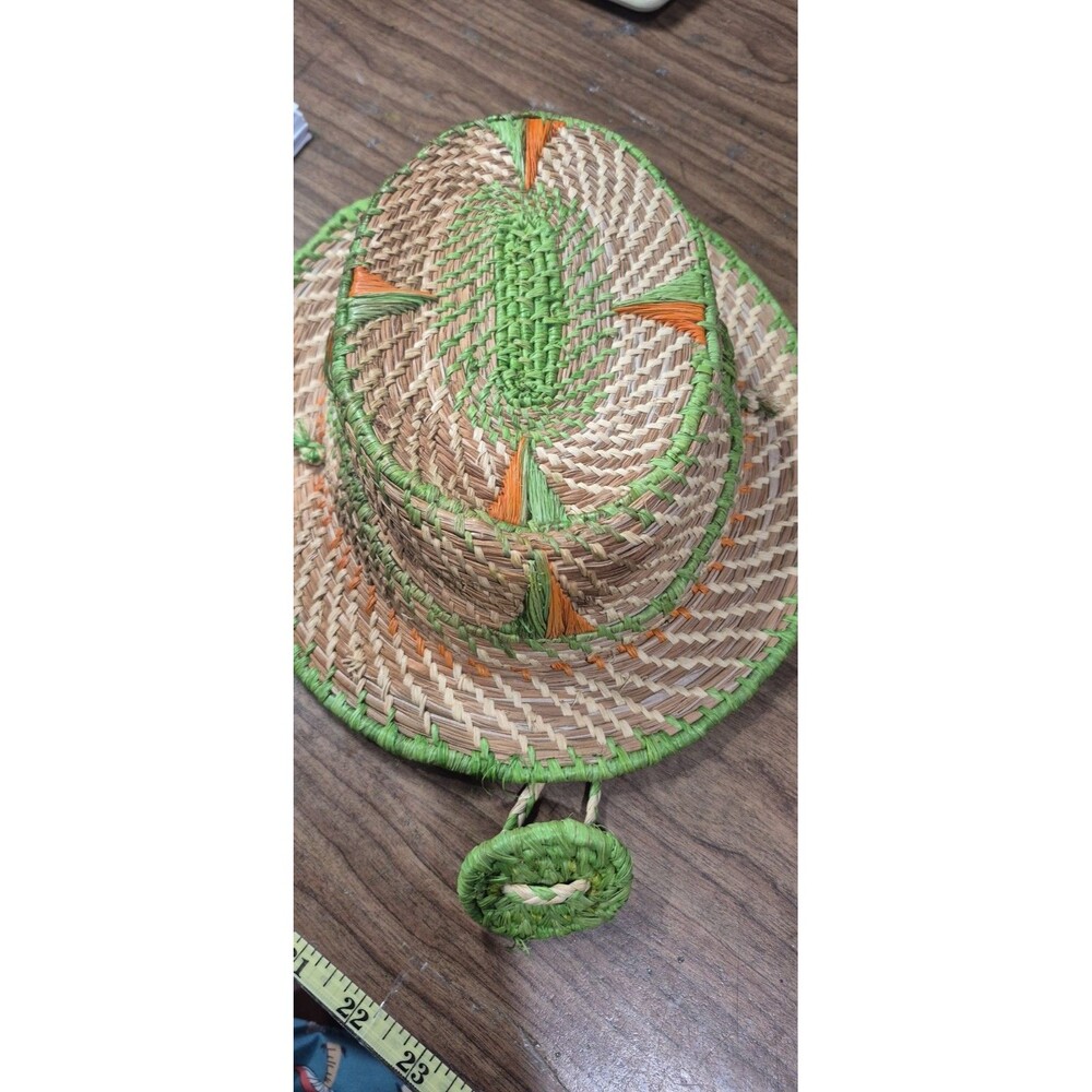 Mexican Folk Art Straw Hat Orange Green Heavy Duty Thick Neck Strap Wear Decor
